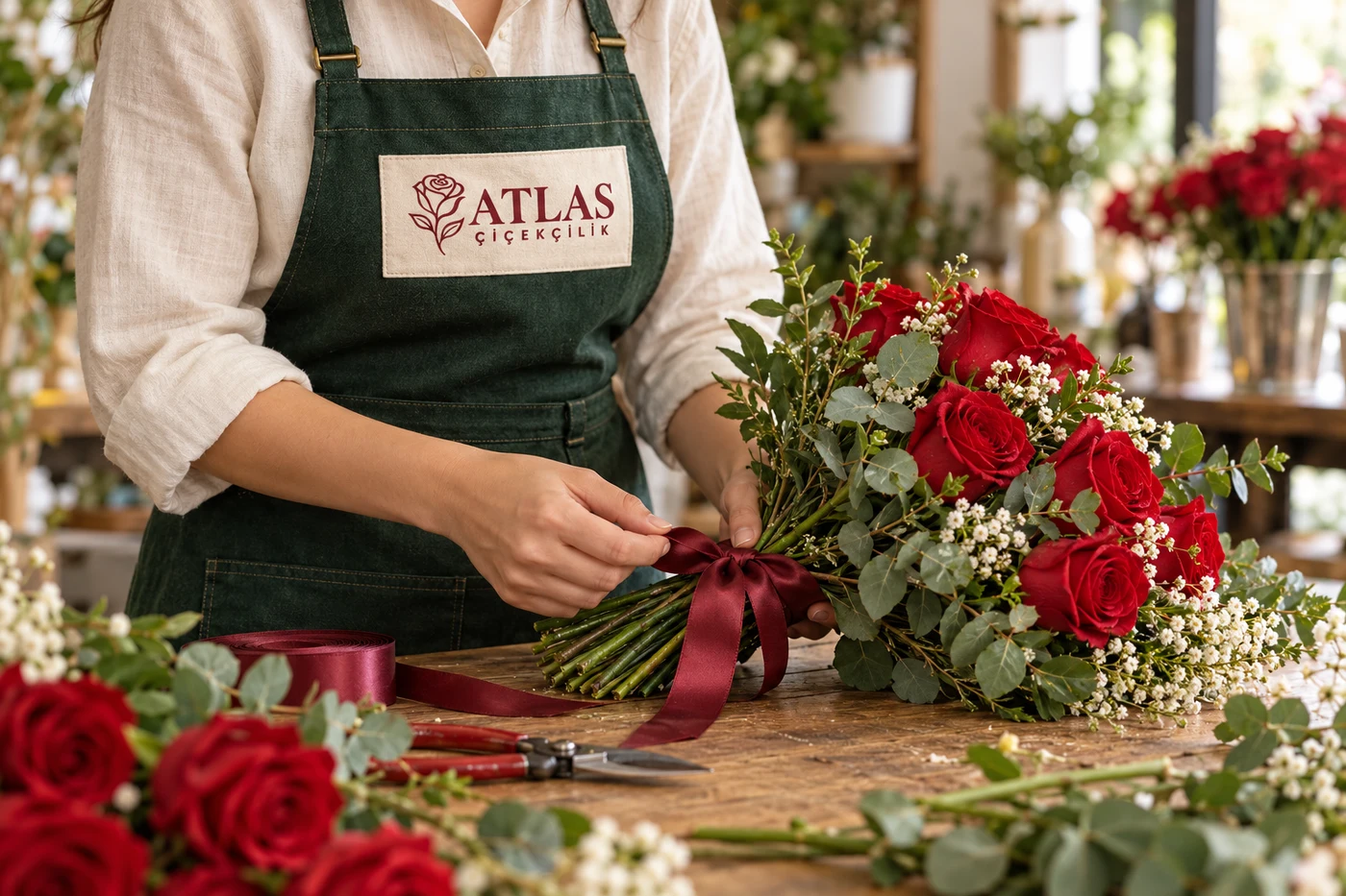 Atlas Çiçekçilik Atölyede Kırmızı Gül Buketi Hazırlığı