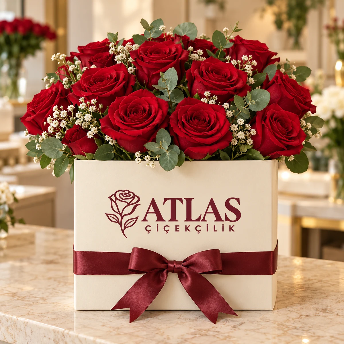 Atlas Çiçekçilik özel kutuda kırmızı güller ve okaliptüs aranjmanı