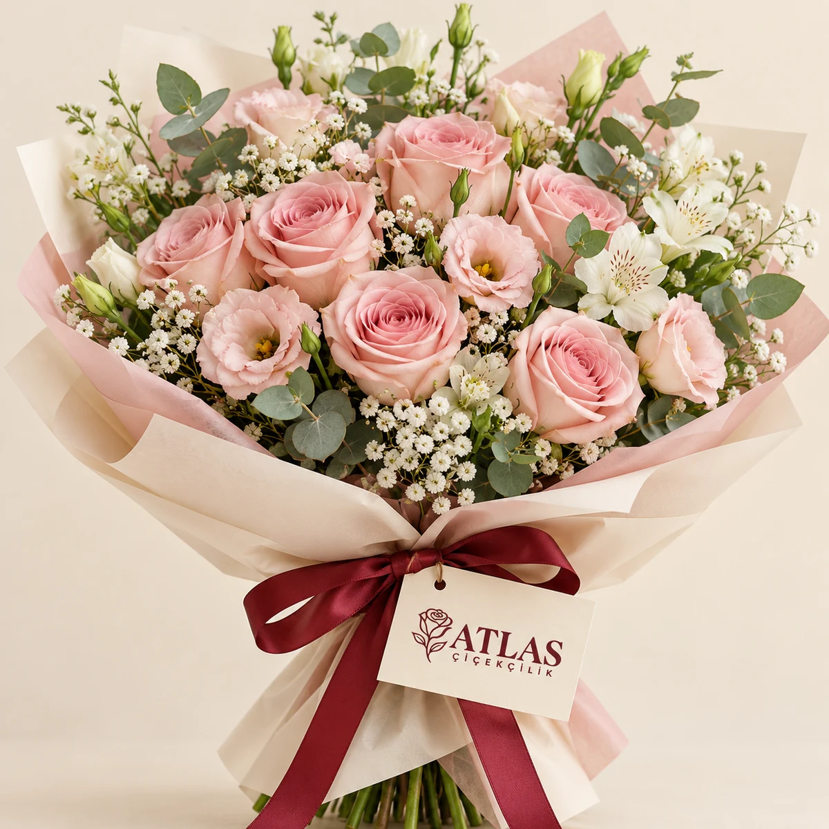Atlas Çiçekçilik Mersin Mezitli pembe gül ve lisianthus pastel buket tasarımı